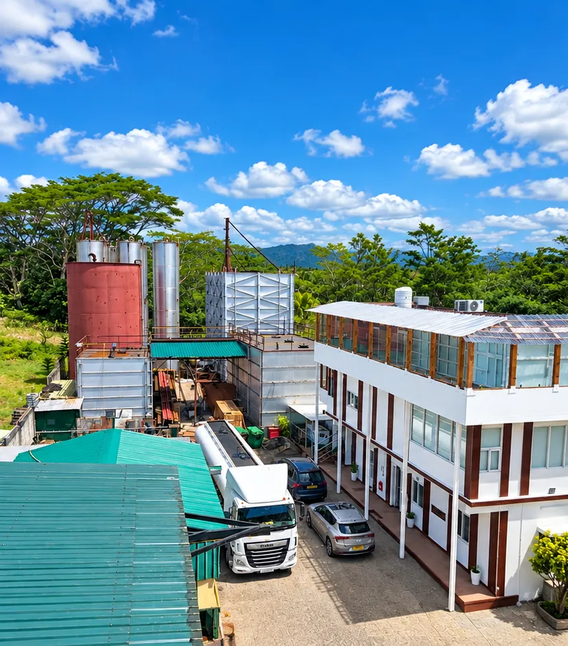 Virgin Oil administration building and storage tanks at Montagne Blanche