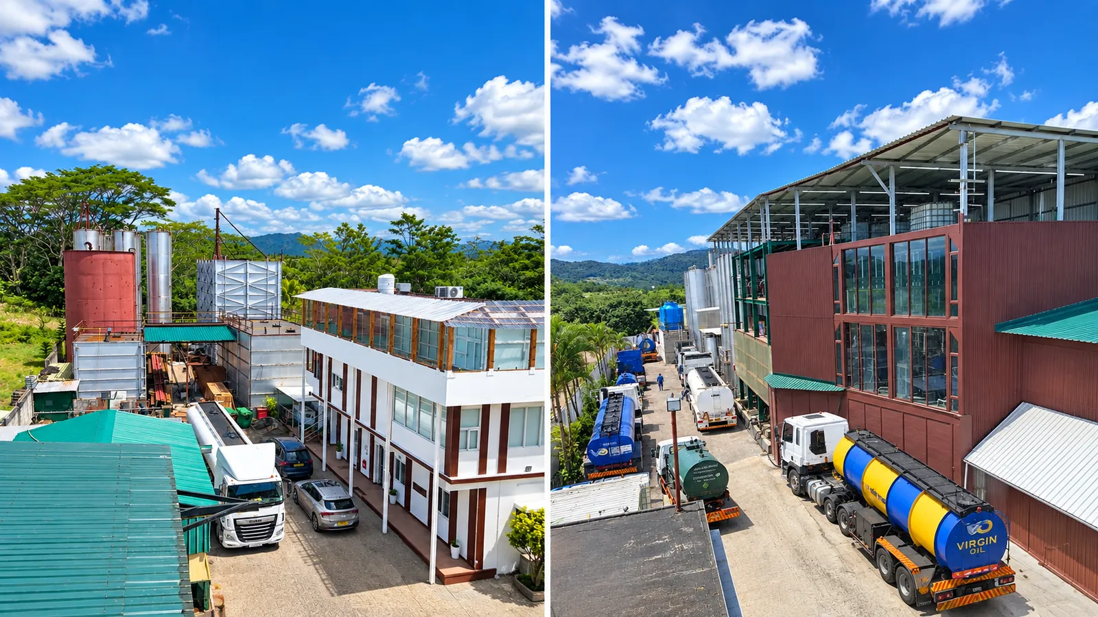 Two views of the Virgin Oil refinery with storage tanks and road tankers
